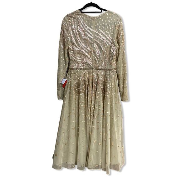 Mac Duggal 5572 dress beaded champagne midi long sleeve tulle cocktail gown 8 - Picture 4 of 9